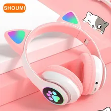 Auriculares LED con orejas de gato para niños, audífonos inalámbricos con Bluetooth, con micrófono, TF, FM, estéreo, música, regalo para gatitos