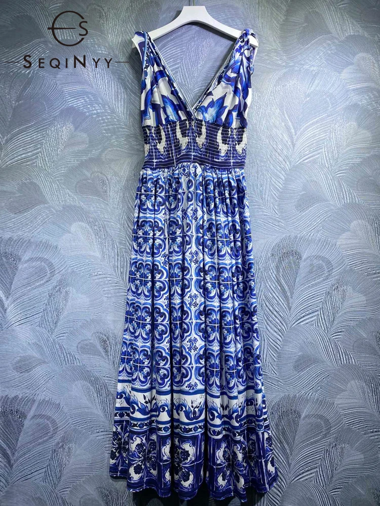 

Женское платье без рукавов SEQINYY, модельное винтажное платье из 100% хлопка синего цвета с цветочным принтом Сицилия, весна-лето