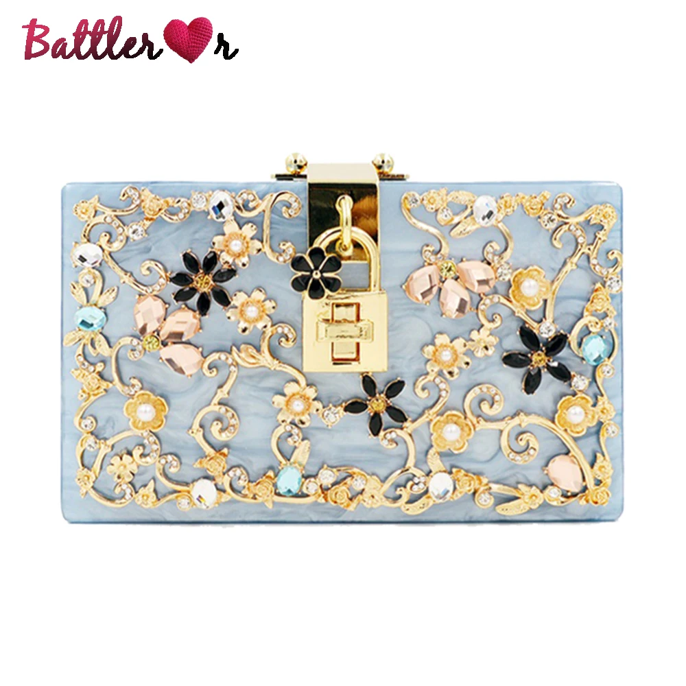 

High Quality Diamond Flowers Bag For Women Hollow Relief Acrylic Ballot Lock Luxury Handbag Evening Bag Clutch Coin Party Purse
