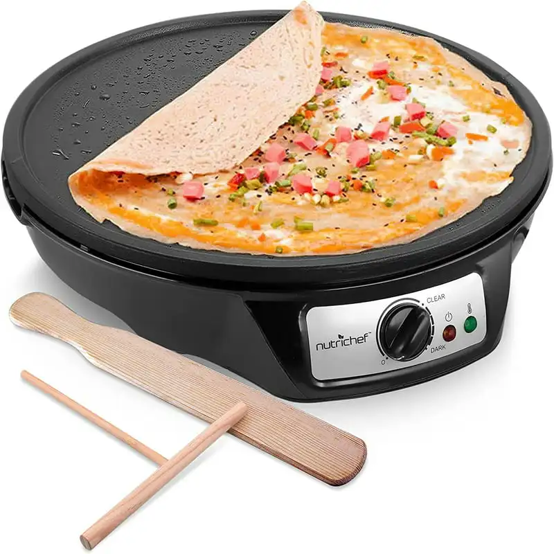 

Electric Crepe Maker Griddle - Griddle Easy Cleaning Nonstick 12 Inch, Adjustable Temperature Control, Wooden Spatula & Batter S