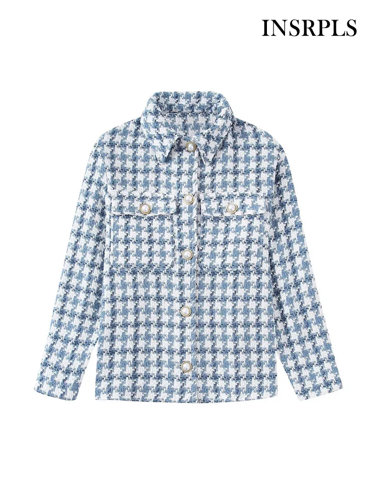 

INSRPLS Women Fashion Front Pearl Button Loose Tweed Blazer Coat Vintage Long Sleeve Patch Pockets Female Outerwear Chic Tops