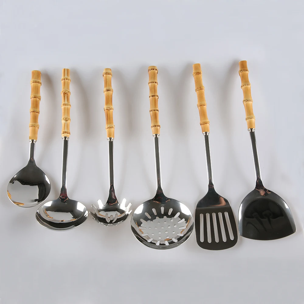 6PCS Stainless Steel Basting Brush Whisk Tong Turner Spatula Scoop Ladle Soup Serving Spoon Bamboo Root Silicone Kitchenware - купить по
