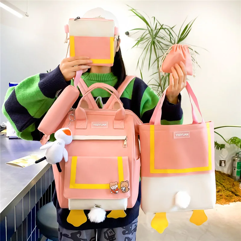 

5pcs/set College Style Cartoon Cute School Bags Female Laptop Computer Backpack Book Bag Girls Canvas School Backpacks Tote Bag
