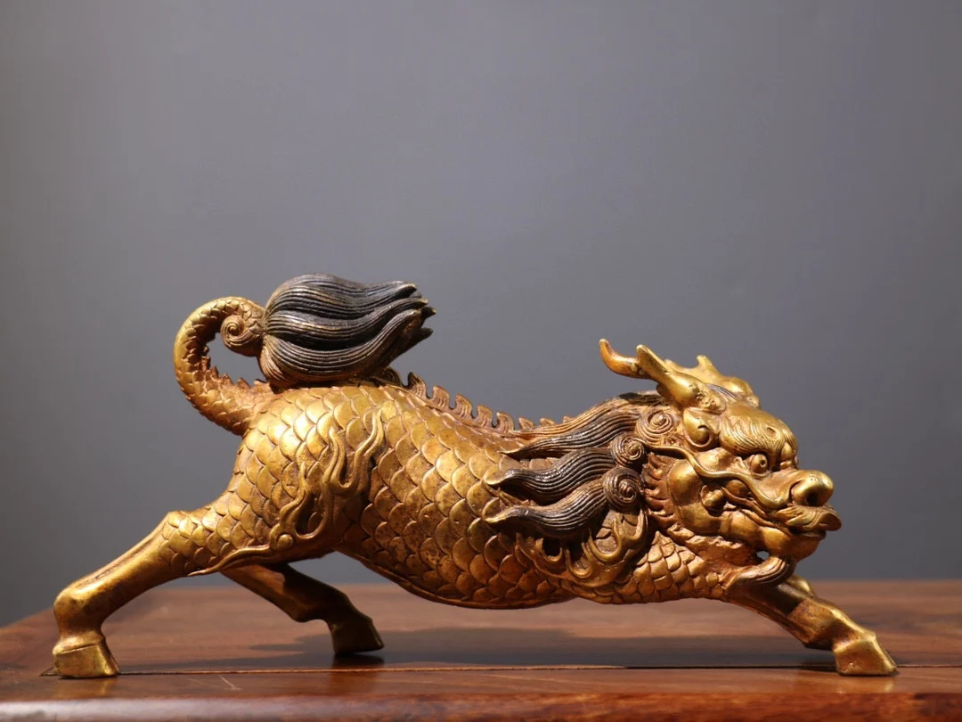 

10"Tibet Temple Collection Old Bronze Gilding Fire Kirin Statue Unicorn Divine Beast Amass wealth Ornaments Town house Exorcism