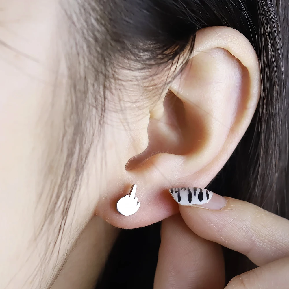 

Small Personality Rock Fashion Middle Finger Shape Men Female Earrings Stainless Steel Jewelry Stud Earring Body Accessories