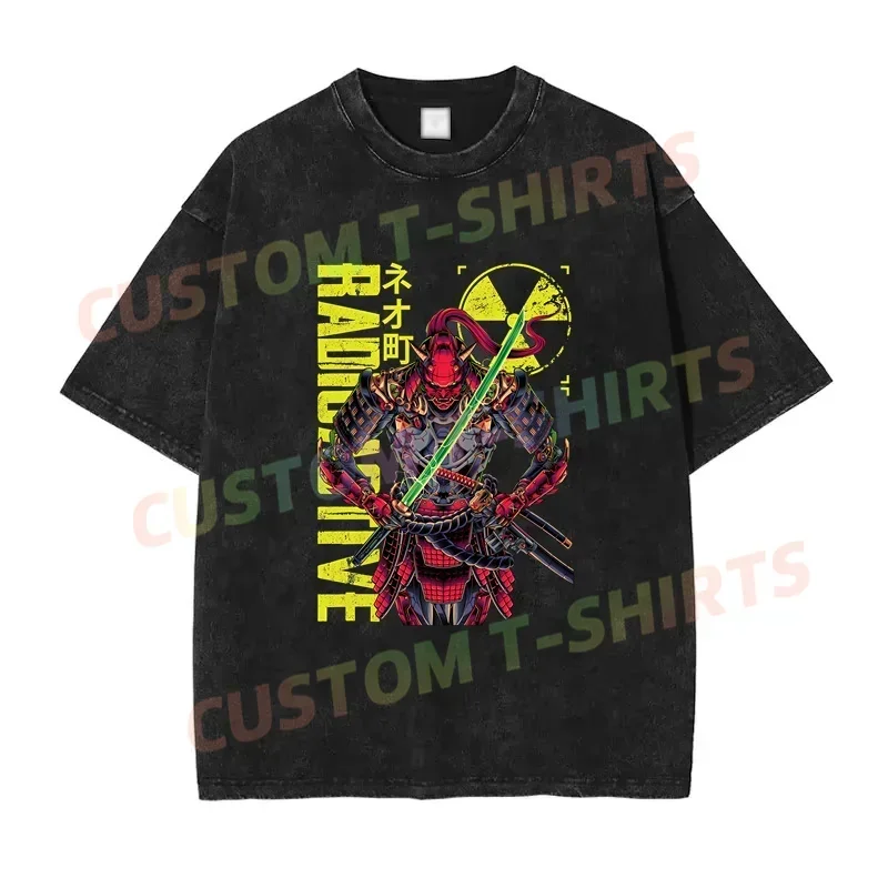 Лето 2022 винтажная хлопковая стираная футболка самурая черная свободные футболки