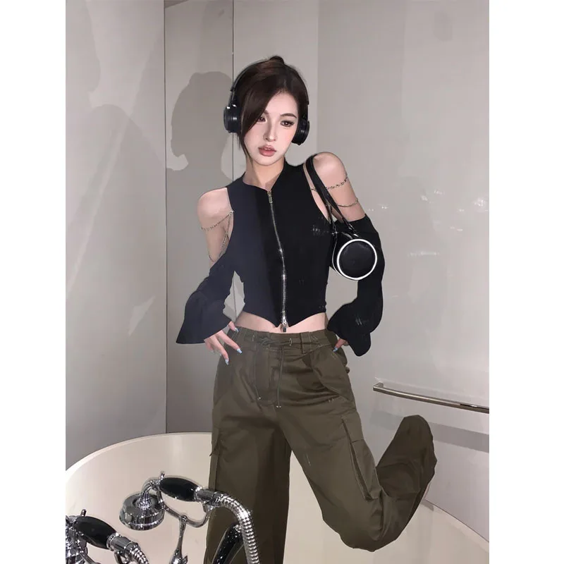

Deeptown Women Zipper Sweatshirts Grunge Y2k Black Kpop Off Shoulder Crop Tops Aesthetic Korean Fashion Chic Streetwear Gothic