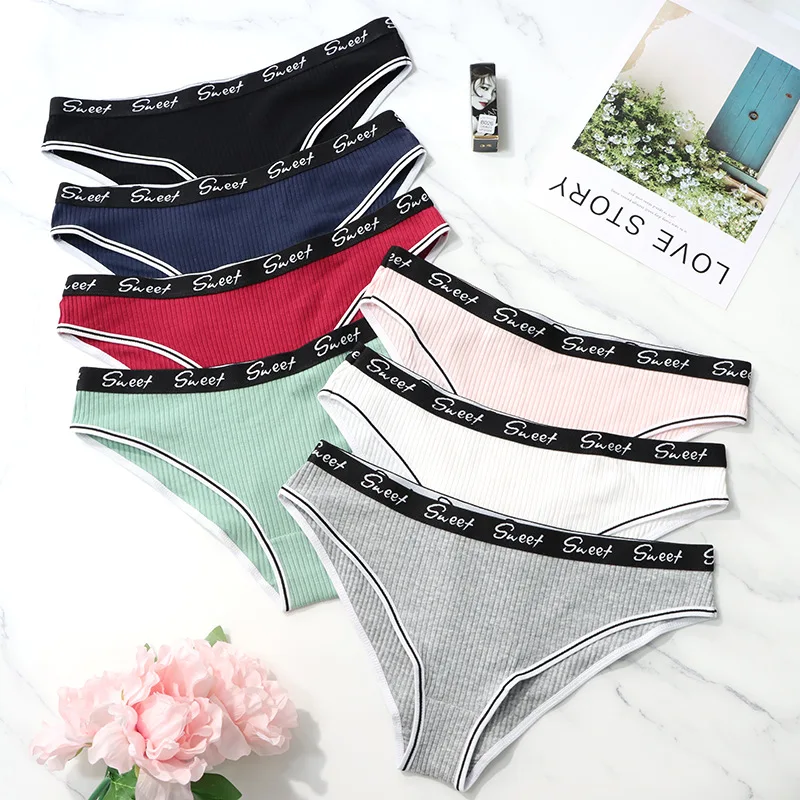 

Sexy Low Waist Panties Soft Ribbed Underwear Women Breathable Letter G-string S-XL Solid Color Intimate Underpants Female Briefs