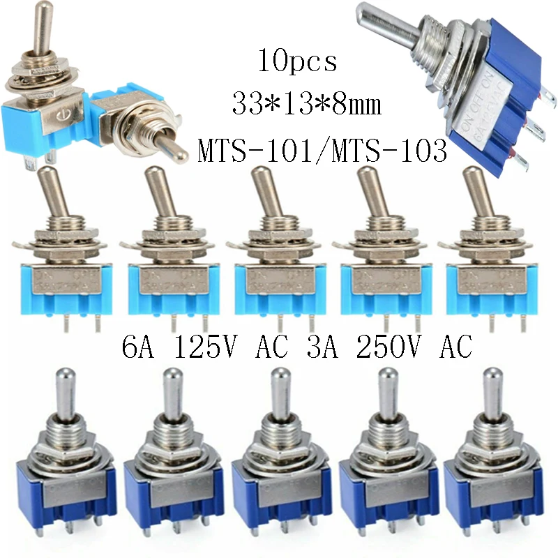 

10Pcs MTS-103 /ON-OFF-ON / MTS-101 ON-OFF 3 Pin 2/3Position BULE S Mini Latching Toggle AC 125V/6A 250V/3A 6mm blue mini toggle