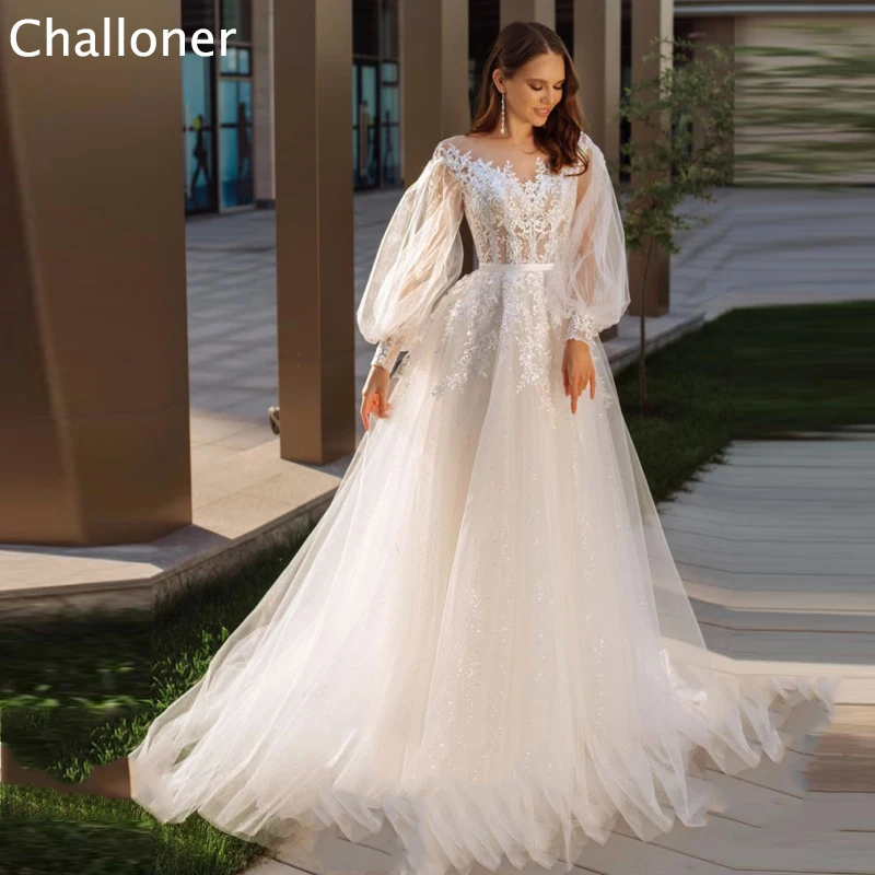 Купи Challoner Wedding Dresses Elegant Lace Appliques Fashion O-Neck Long Puff Sleeve Bride Ball Gown 2023 Princess Vestido De Noiva за 6,960 рублей в магазине AliExpress