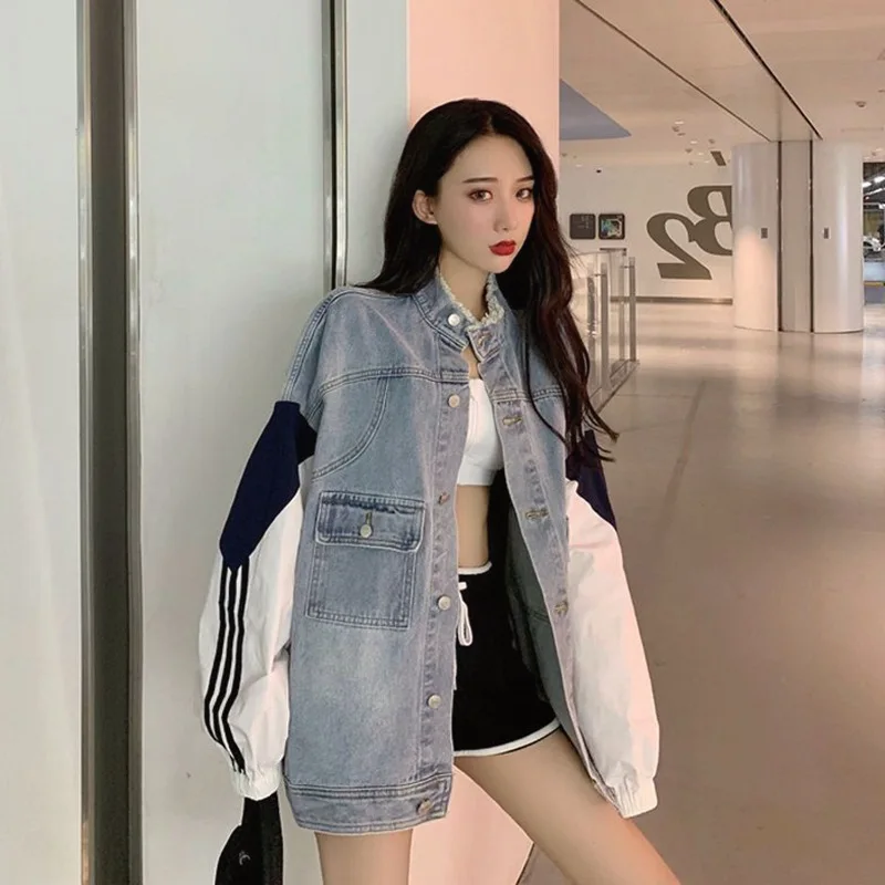 

Retro Hong Kong style cowboy coat female Spring and Autumn Korean version of loose lazy wind fashion stitching jacket