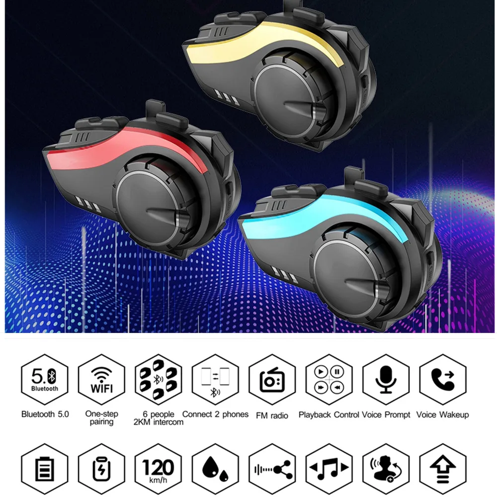 

2000M 6People Connect Motorcycle Intercom FM Bluetooth 5.1 Wireless Music Sharing Waterproof Noise Reduction Moto Helmet Headset