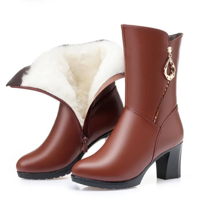 

2022 Elegant Fashion Women Boots Shoes Winter Inside Plush / Wool Warm Snow Boots Non-slip High Heel Boots Genuine Leather Boots