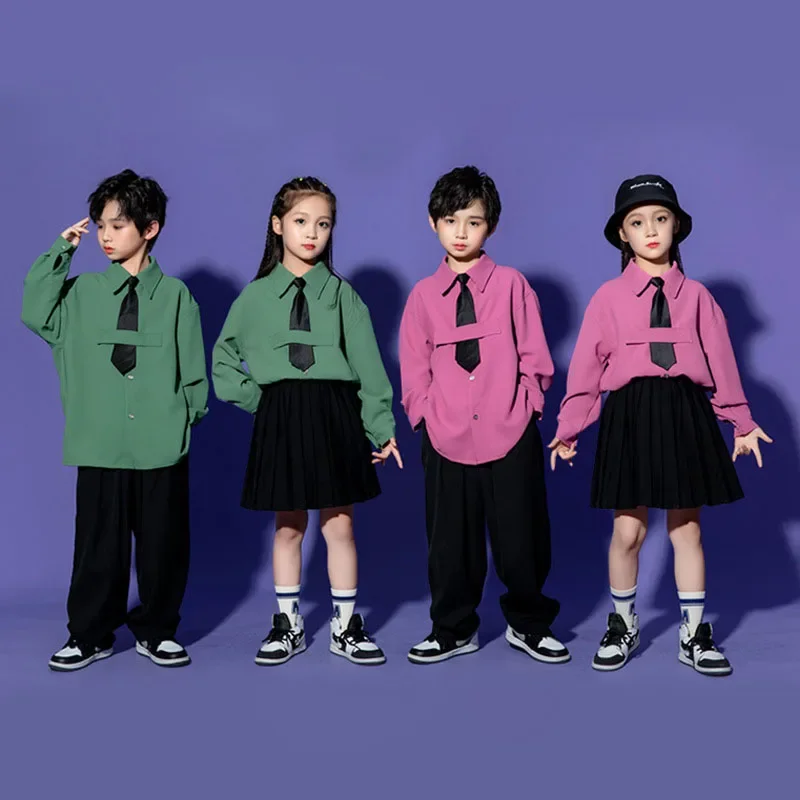 

Kid Hip Hop Clothing Long Sleeve Shirt Top Street Wide Pants Pleated Skirt for Girl Boy Jazz Dance Costume Clothes Set with Tie