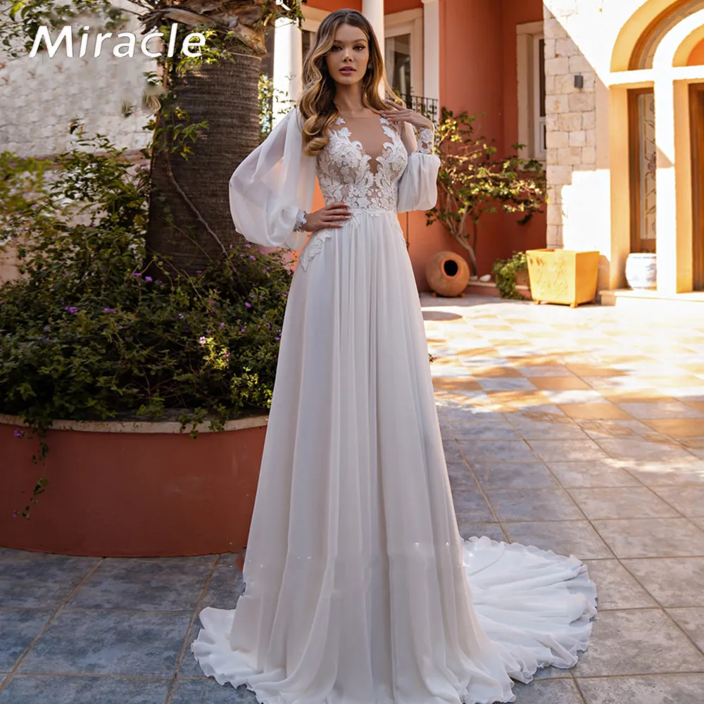 

Beauteous A Line Wedding Dress Vigorous O-Neck Bridal Gown Attractive Backless Lace Dresses Lantern Sleeve Vestido De Novia