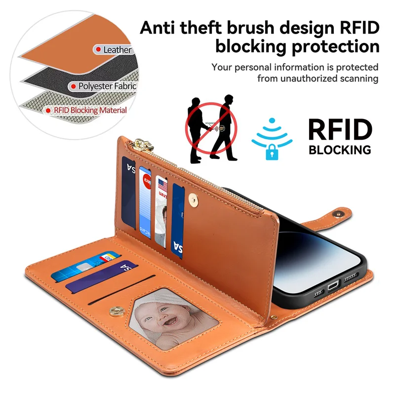 Flip Case For Oneplus 11 5G RFID Block Luxury Leather Zipper Wallet Book Cover For OnePlus 11R 10R 9RT 8 T 7T 10 Pro Ace2 Funda