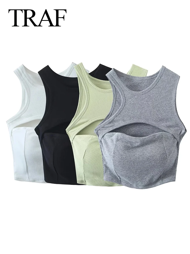 

Майка женская короткая однотонная с круглым вырезом и вырезом на груди