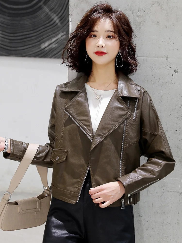 New Women Rose Red Sheepskin Jacket Spring Autumn Trendy Turn-down Collar Slim Short Leather Jacket Chic Outerwear Split Leather