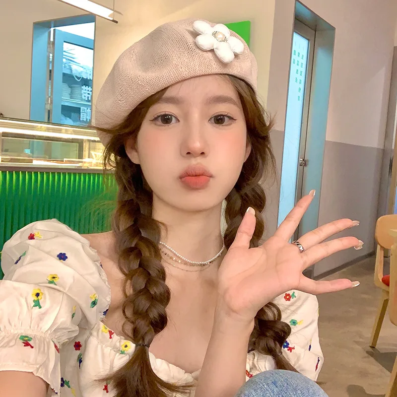 

Корейский 3D Цветочный Плетеный Берет, кепки для женщин, тонкие дышащие летние модные береты художника, шляпы для девочек, праздничная шляпа с козырьком