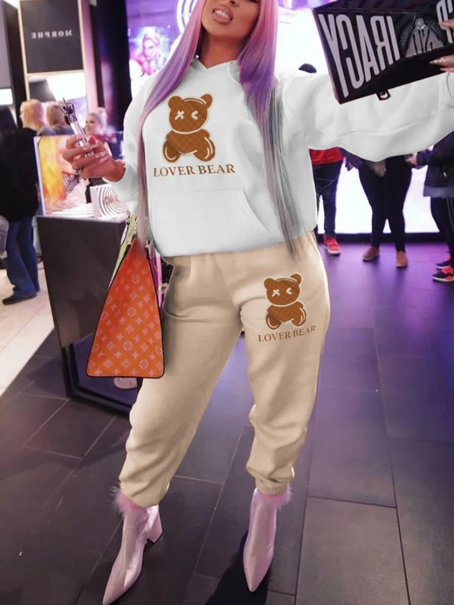 LW Plus Size Multicolor Sweatshirt Sets Cartoon Letter Print Pants Set Pullover Hoodie+Elastic Waist Trousers Maxi Tracksuits