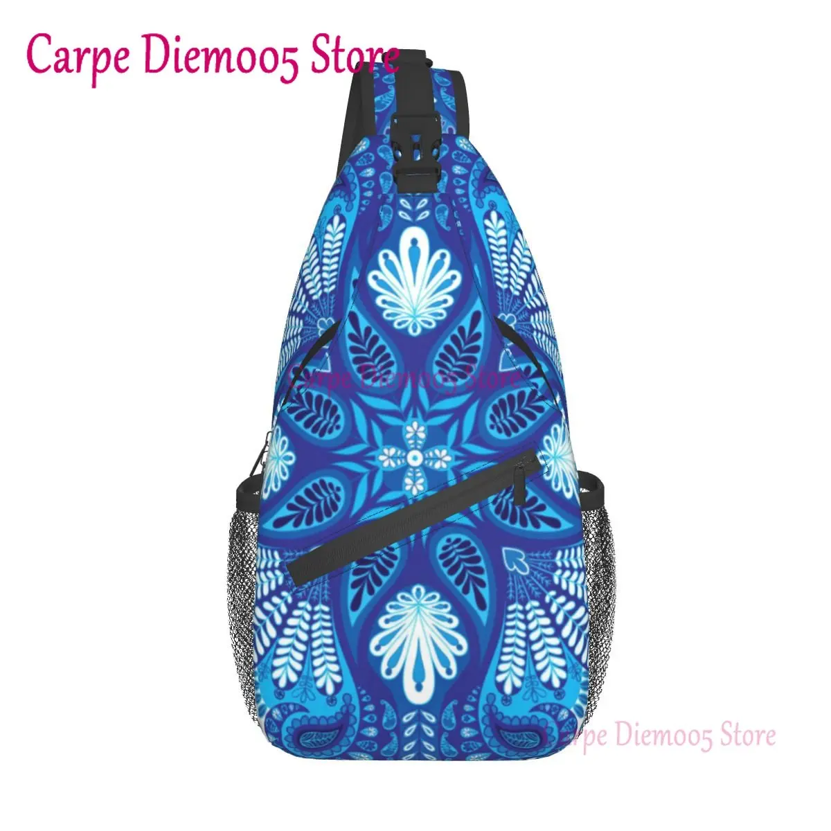 

India Vector Paisley Blue Color Retro Ethnic Print Mandala Chest Pack Unisex Sling Backpack Casual Travel Hiking