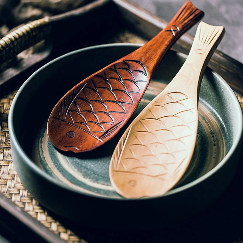 

Ложка для риса в форме рыбы, японская креативная ложка для риса в стиле ретро, милый неприлипающий Совок из натурального дерева, для кухни