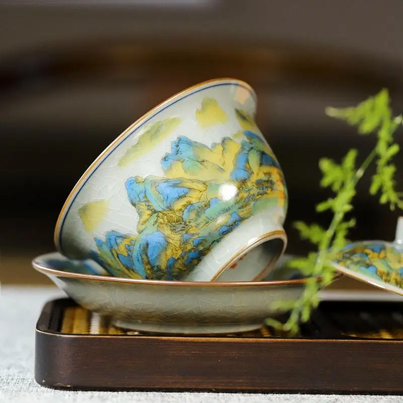 Jingdezhen Old Clay Tureen Pastel Thousand-Li Landscape Gaiwan Ceramic Blue and White Tea Bowl Gracked Glaze Supportable