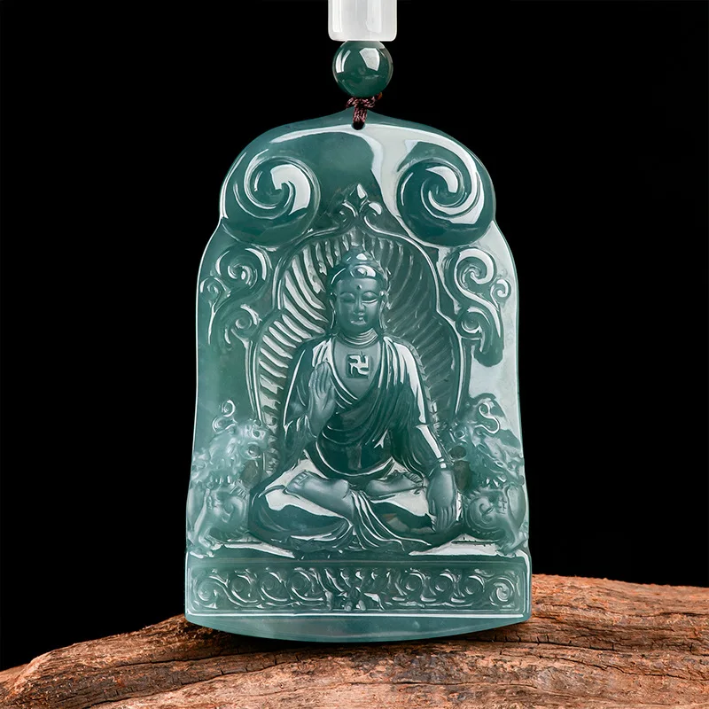 

Natural Burmese Jade Blue Water Ice Species Dainichi Tathagata Men Emerald Necklace Pendant Fine Jewelry Accessories Amulet Gift