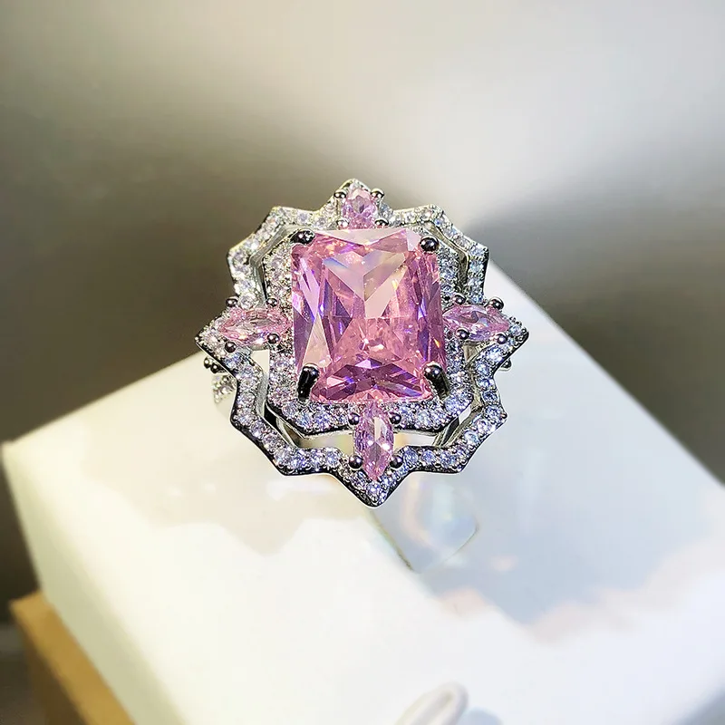 

NEW Delicate Princess Square Pink Flowers Ice Cut Full Diamond Couple Ring For Women Geometric Anniversary Gift Party Jewelry