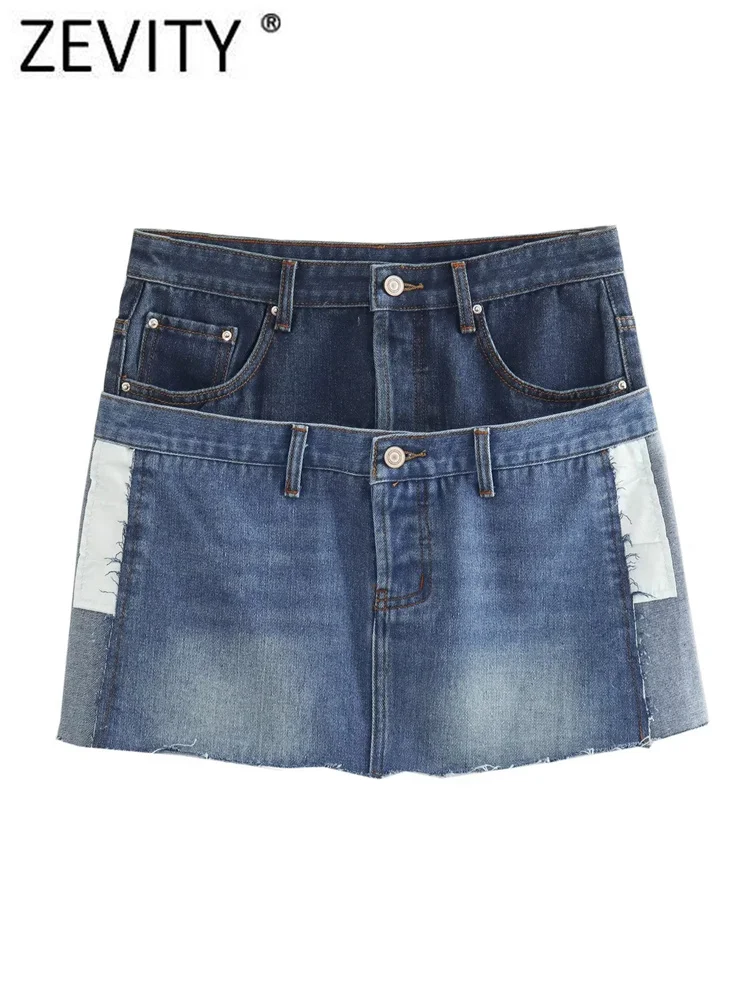 

Новая женская модная джинсовая мини-юбка Zevity в стиле пэчворк с карманами, Женская шикарная юбка на молнии, Обрезанное платье QUN4421