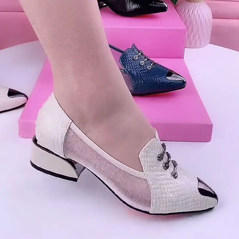 Новинка 2022 женские сетчатые туфли FHANCHU на низком каблуке модные Cormfort Mum с острым