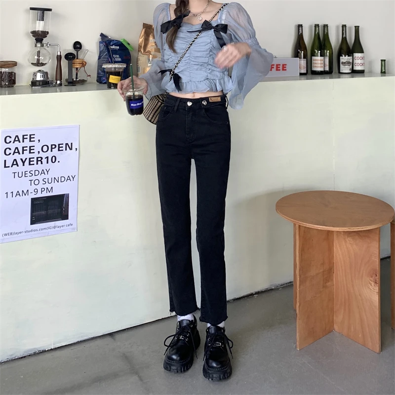 

N0481 High-waisted straight-leg all-match thin nine-point cigarette pants new pants jeans
