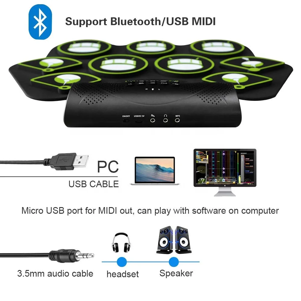 Электронный барабанный USB-барабан набор музыкальных инструментов зеленый цвет