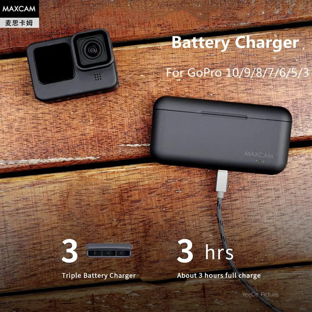 Зарядное устройство MAXCAM для GoPro 10, 9, 8, 7, 6, 5, 3-сторонний умный зарядный чехол, перезаряжаемый аккумулятор 1720 мАч, контейнер для хранения батарей для Gopro Hero