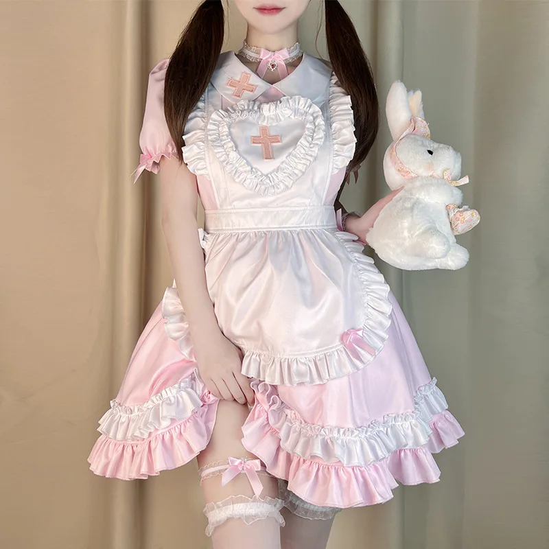 

Cosplay Maid Costume Anime Cream Sweetheart Pink Lolita Dress Cute Girl Maids Wear Uniform Short-sleeved Nurse Costumes Dresses