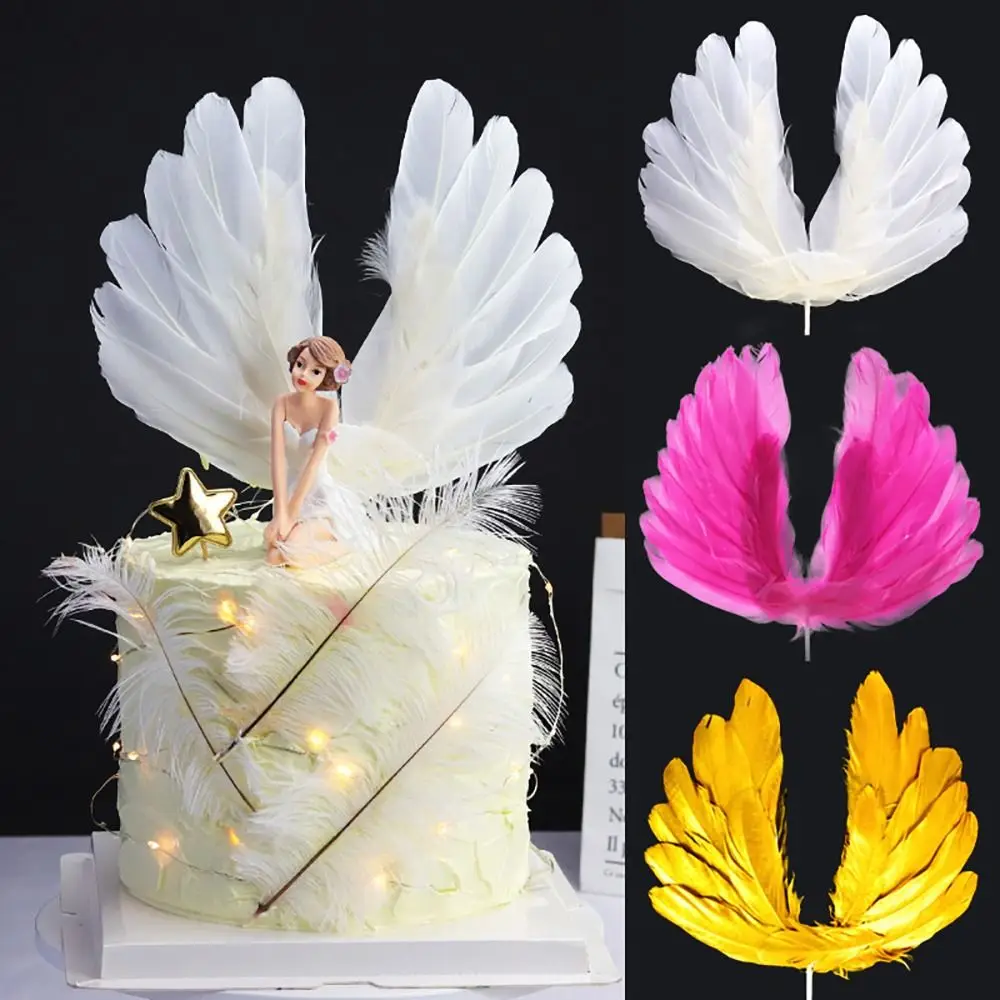 

5Pcs Party Decoration Supplies Angel Wing Feather DIY White Pink Black Cake Topper 18x20cm Wedding Dessert Cake Decor