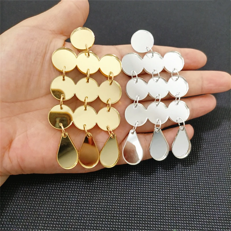 

KUGUYS Dots Big Mirror Drop Earrings for Women Geometric Silver Gold Color Trendy Acrylic Jewelry Accessories