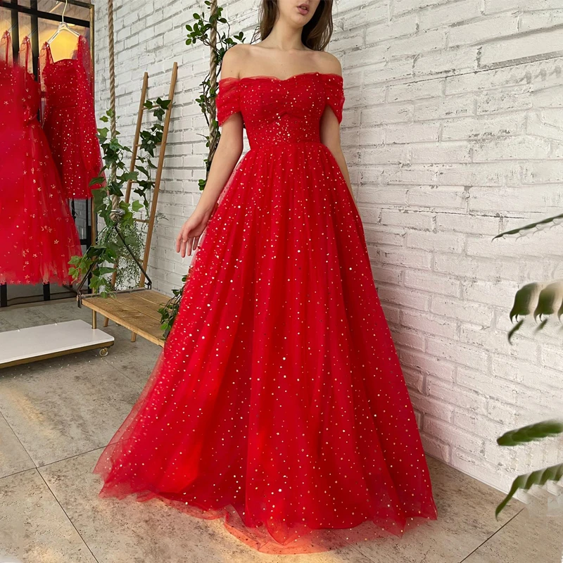 

Boat Neck Off The Shoulder Pleat Red Star Glitter Sparkly Tulle Zipper A-Line Formal Prom Gowns Evening Dress Vestidos Formatura