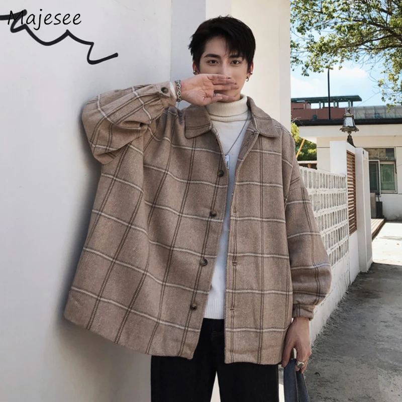 Jackets Men Ins Plaid Ulzzang Students Stylish Streetwear All-match Baggy Preppy Style Japanese Fashion Popular Teens Clothing