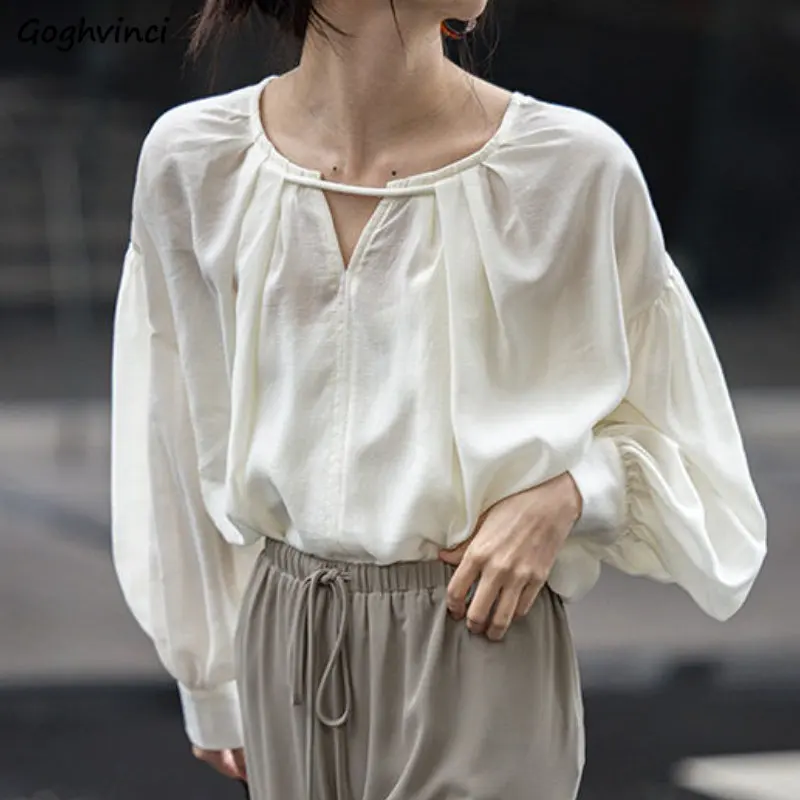 

Blouses Women French Style Lantern Sleeve Sun-proof Loose Elegant Solid Tender All-match Summer New Mature Casual Ulzzang Chic