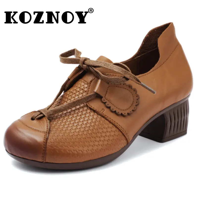 Koznoy 5cm Embossed Sewing Cow Genuine Leather Pumps Summer Autumn Females Round Toe Ladies Rubber Soles Moccasins Women's Shoes