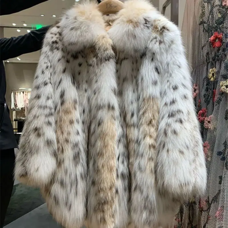 Womens Fur Coat Fake Fur Jacket Winter Jacket Leopard Fur Coat Winter Medium Length Thickening Imitation Fox Hair Coat