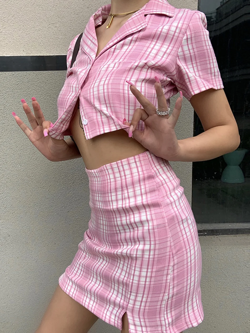 

Pirate Curiosity Sweet Girls Plaid Print Skirt Suit Summer Button Lapel Crop Top Sexy A-Line Hip Skirt Harajuku Cute Y2k Clothes