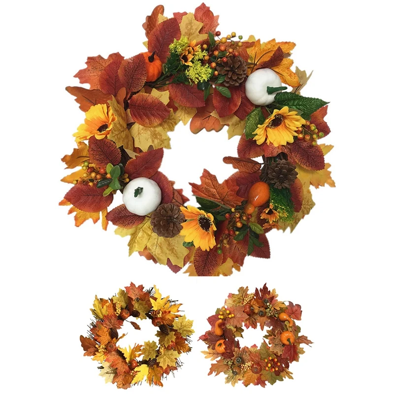 

Fall Wreath, 16.5Inch Maple Leaf Pumpkin Wreath For Front Door Outside Perfect For Autumn & Halloween