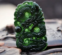 natural dark green hand carved zodiac dragon male jade pendant jade delicate light play transparent