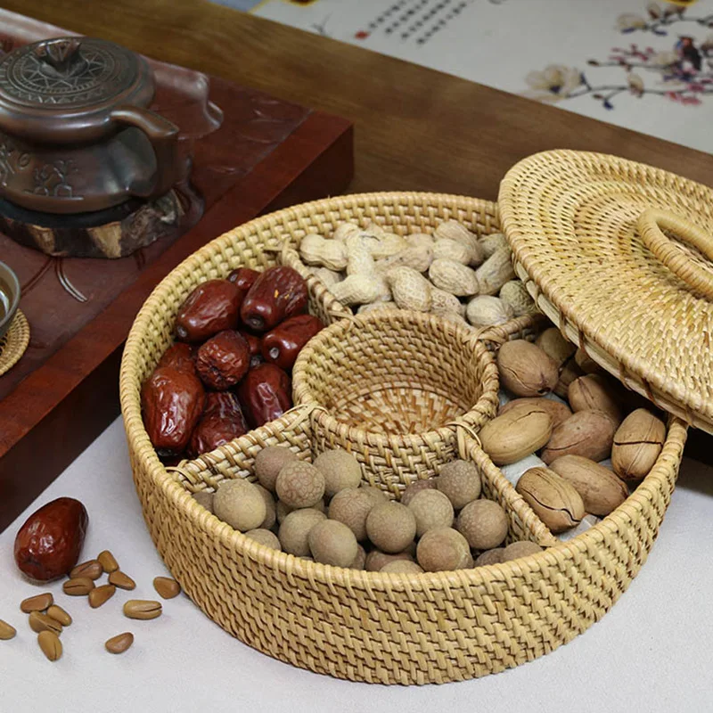 

Hand Woven Rattan Candy Basket Rich Style Eco-friendly Healthy Storage Dry Food Snack Hollow Out Gift Box Christmas Wedding