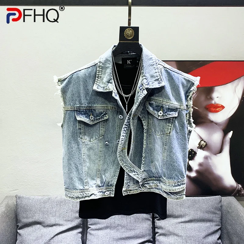 

PFHQ Trendy Short Fur Denim Vest Men's Personalized Functional Style Wearproof Versatile Motorcycle Abstract Waistcoat 21Z1658