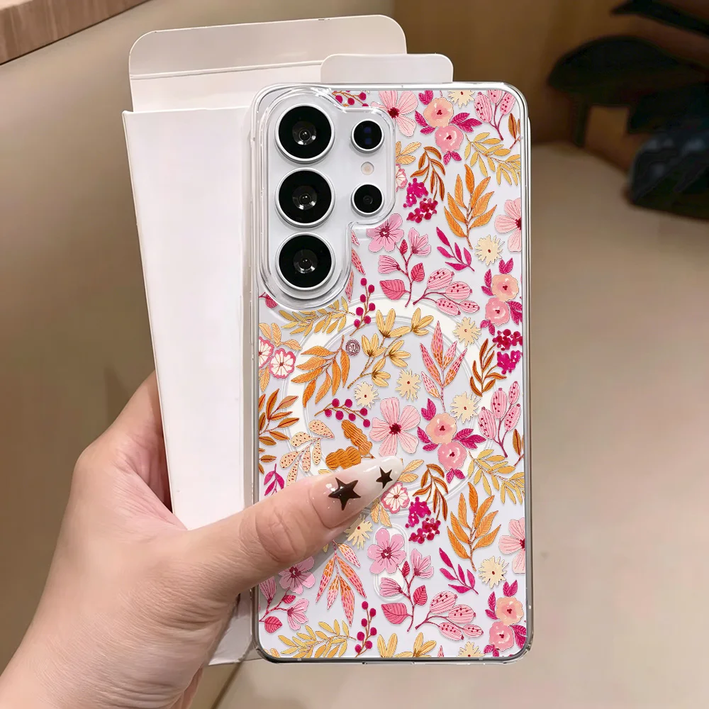 Фото Магнитный чехол для телефона с синим цветком для Samsung A57 A37 S26 Ultra S25 S24 FE S23 A56 A55 A36, прозрачный силиконовый мягкий бампер №2