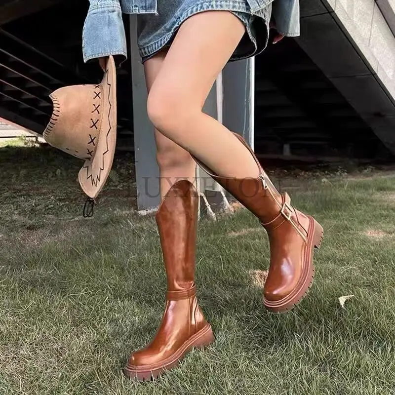 Women Knee High Boots Fashion Platform Buckle Strap Female Long Boot Ladies Soild Retro Side Zip Modern Mid-Calf Boot New