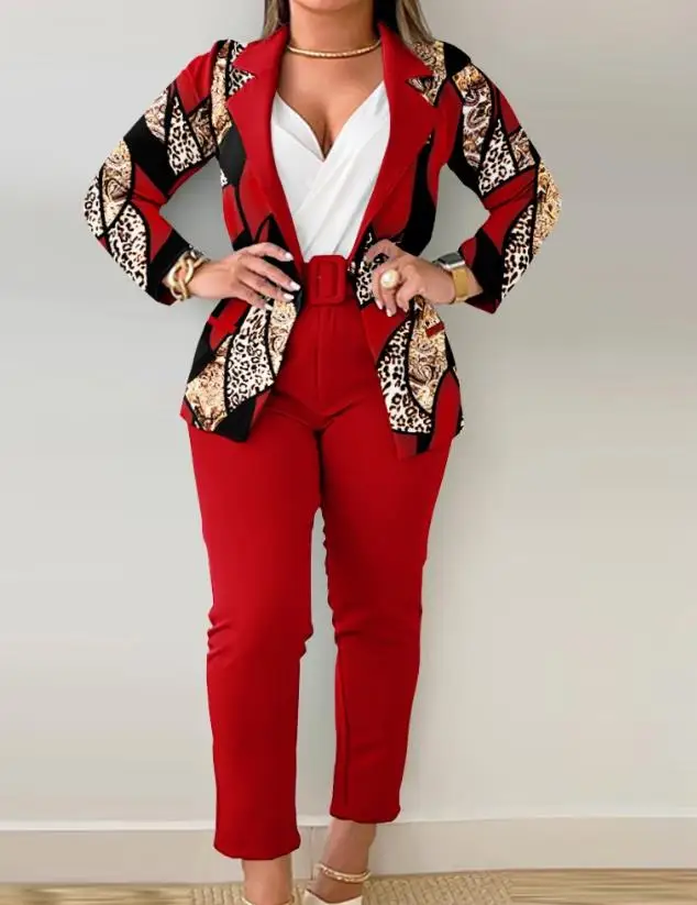 

Women's Pants Suit 2023 Autumn and Winter Baroque Leopard Print Long Sleeve Blazer Coat & High Waist Pants Set